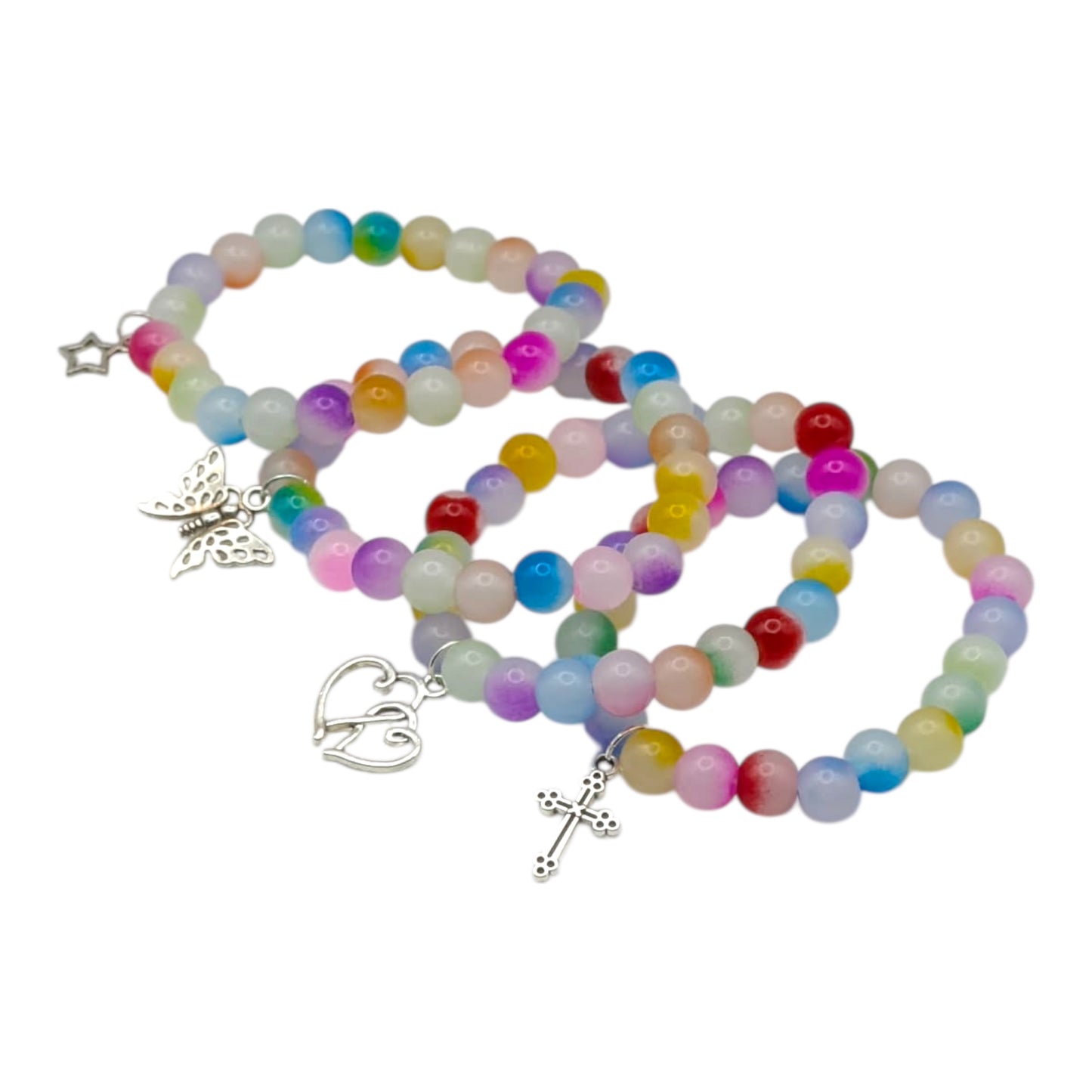 Beaded bracelets featuring colorful glass beads and charms such as a butterfly, heart, and cross.