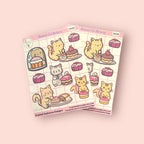 Pack of stickers with cute cat and cake designs on a pink background