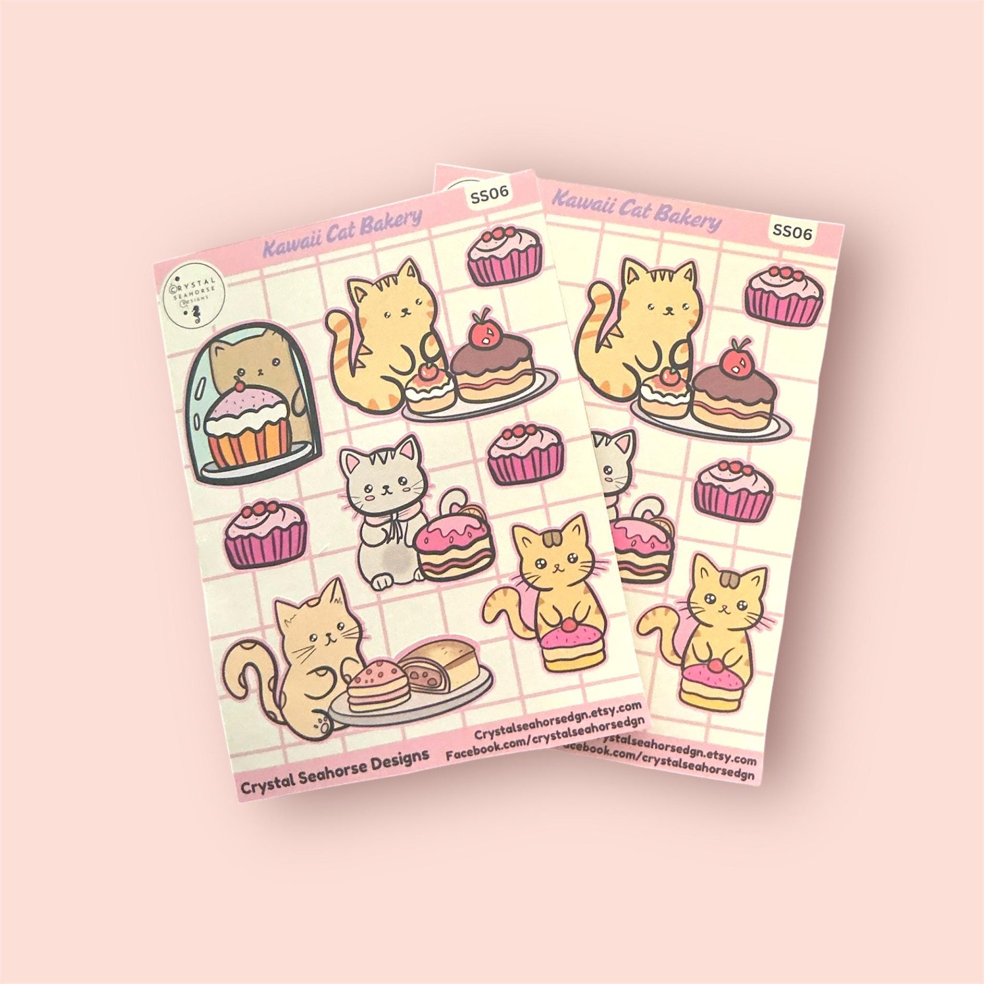 Pack of stickers with cute cat and cake designs on a pink background