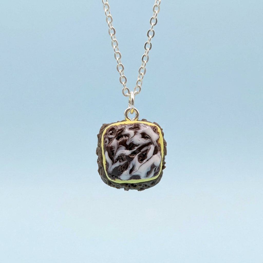Miniature Chocolate traybake necklace polymer clay handmade jewellery dessert gift silver plated 18” chain 