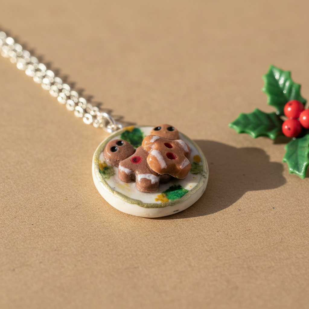 Gingerbread Man Cookie Plate Necklace on white background with festive decoration