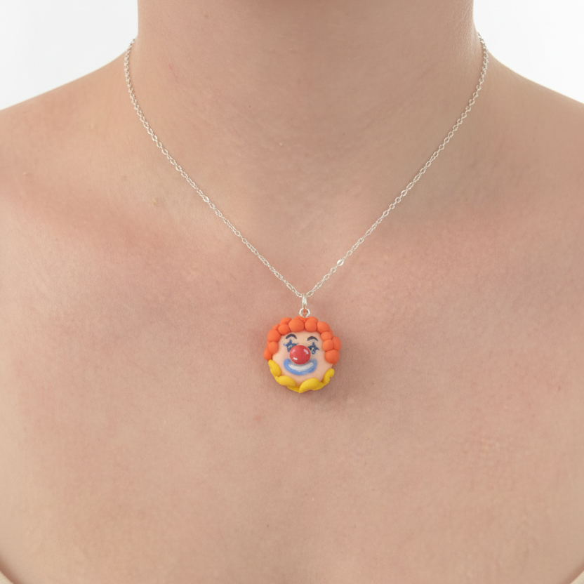 Woman wearing a handmade clown necklace, a statement piece from The Circus Collection