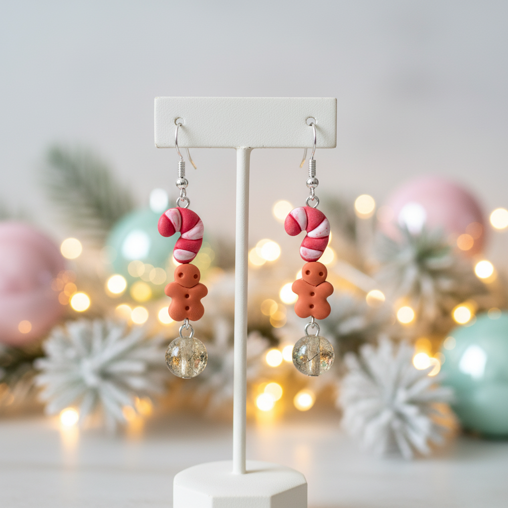 Candy cane and gingerbread man earrings on a stand with festive background