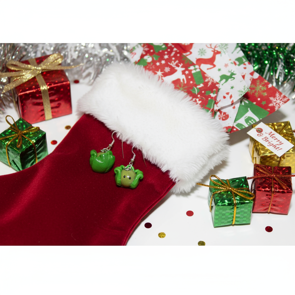 Green earrings on a festive background with stocking 