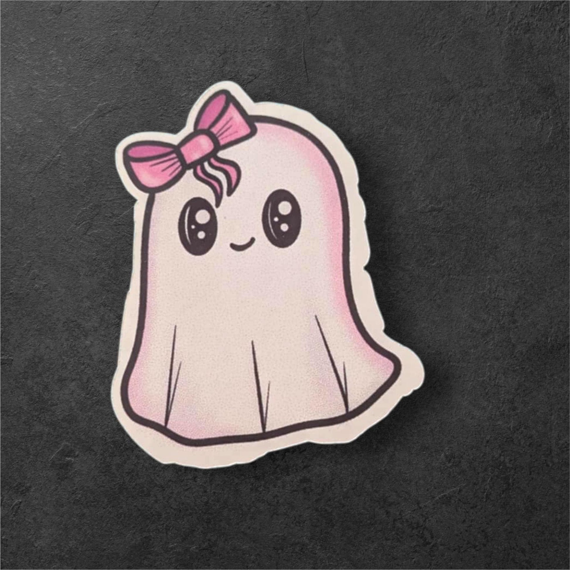 Cartoon ghost with a pink bow on a dark background