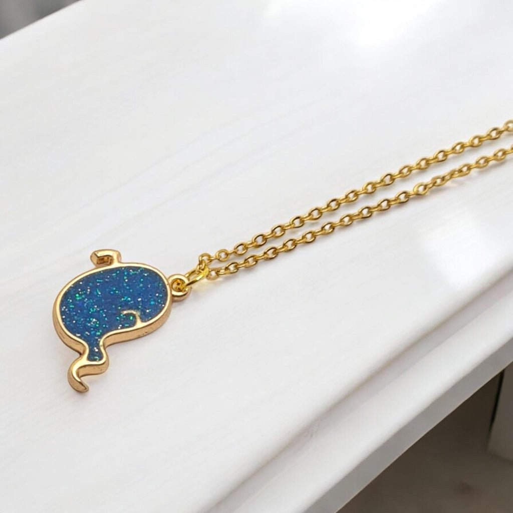 Handmade Blue Glitter Resin Ghost Necklace - Gold Plated Chain