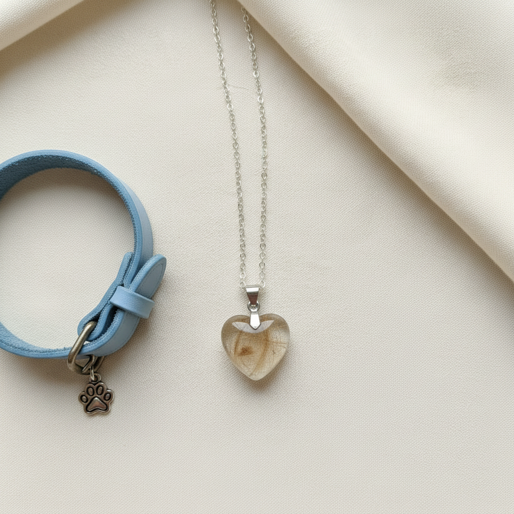 handmade resin dog fur necklace resin heart pendant with silver chain, dog memorial jewellery 