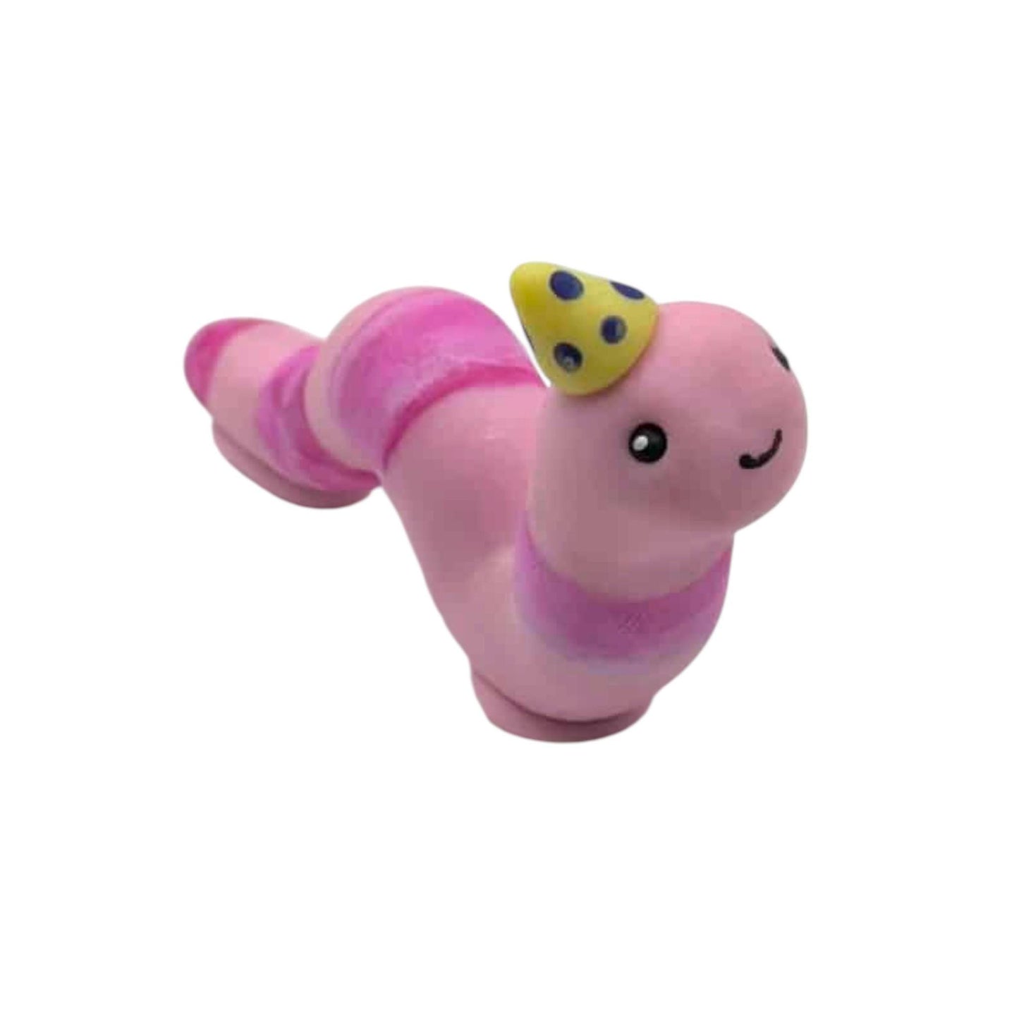 Pink worm figurine with a yellow hat on a white background