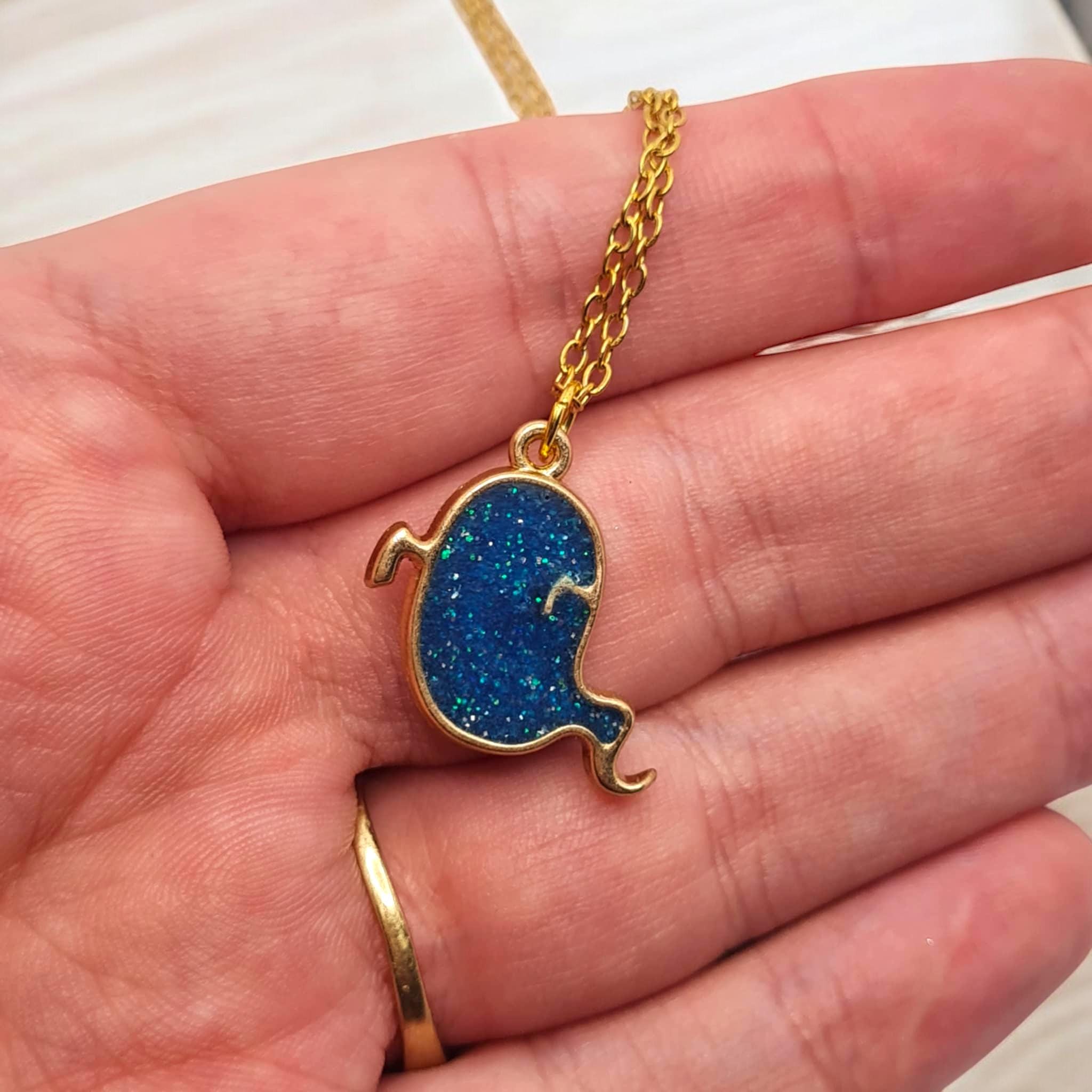 Handmade Blue Glitter Resin Ghost Necklace - Gold Plated Chain