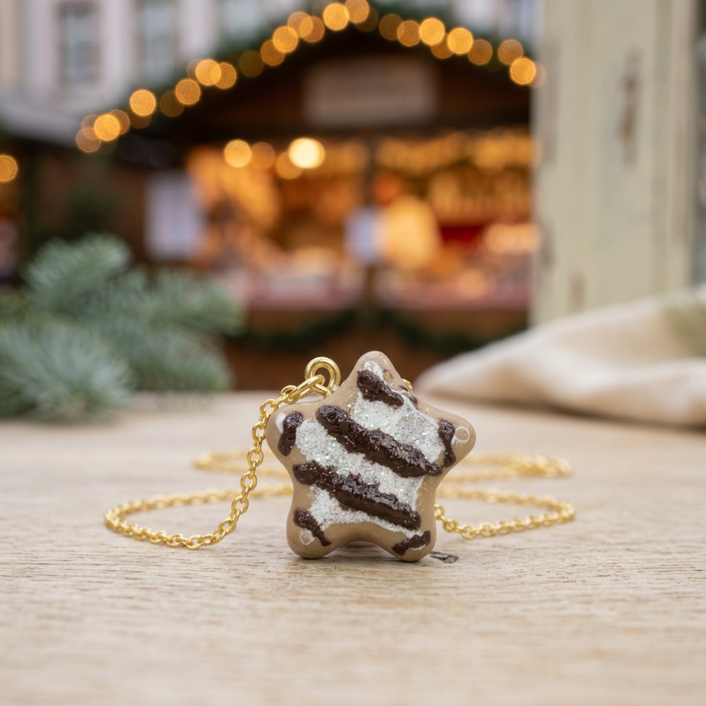 Miniature Lebkuchen Star Cookie Necklace close-up showing chocolate-style drizzle