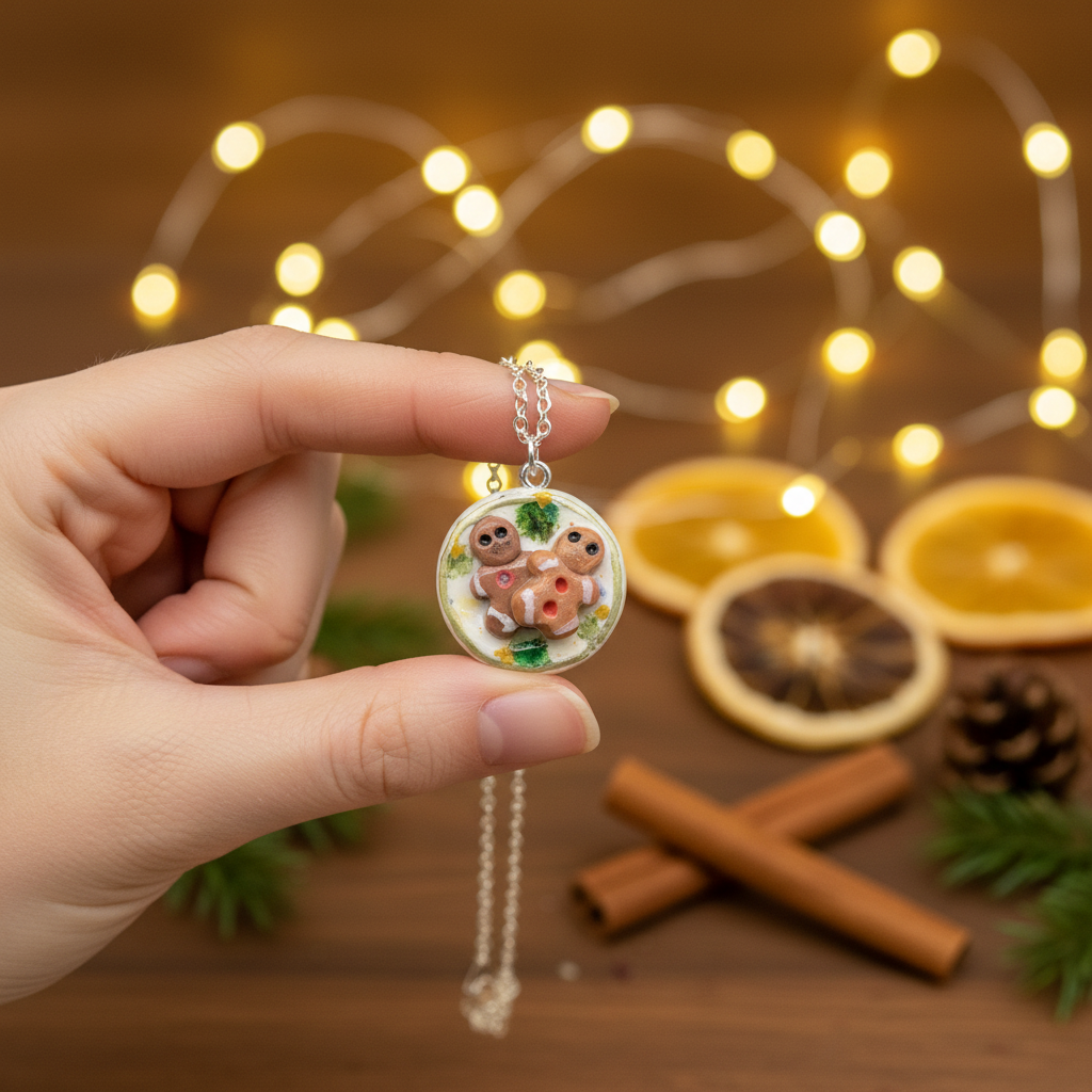Gingerbread Man Cookie Plate Necklace held in hand to show coin-sized scale