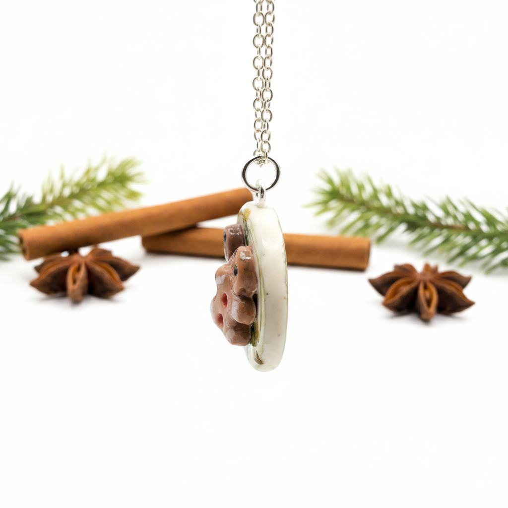 Gingerbread Man Cookie Plate Necklace on white background with festive decoration