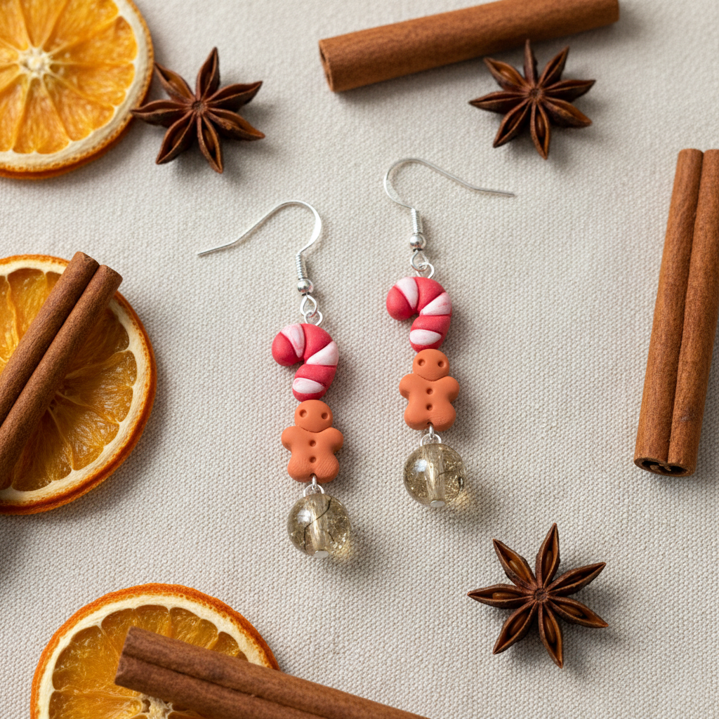 Pair of earrings with candy cane and gingerbread design on a decorative background with oranges and cinnamon sticks.