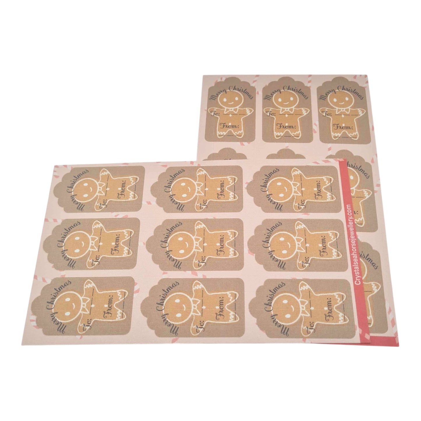 Two sheets of gingerbread man-themed stickers on a white background