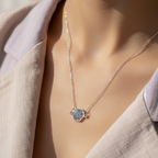 Blue flower pressed forget me not necklace with hexagonal resin filled pendant silver plated chain 