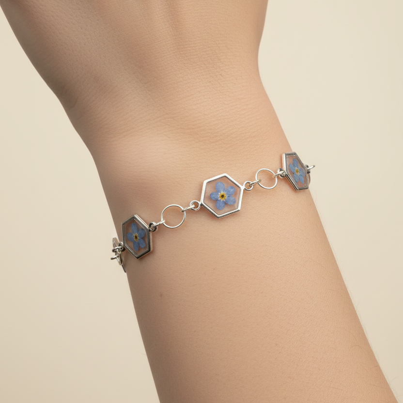 handmade resin jewellery pressed flowers preserved bracelet blue floral jewellery gift for her 