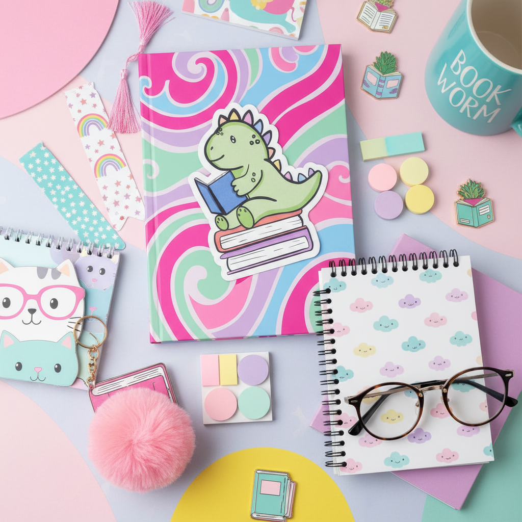 Fun dinosaur bookish sticker lifestyle shot with fun pink and purple pastel colours 