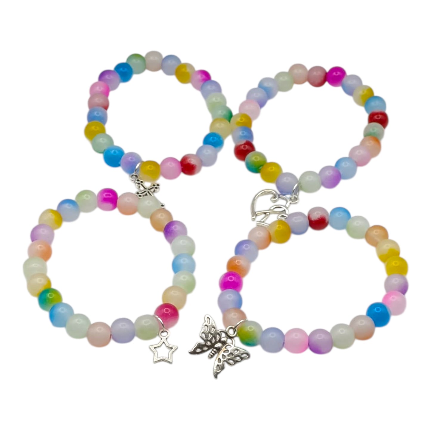 Beaded bracelets featuring colorful glass beads and charms, perfect for a playful and stylish accessory.