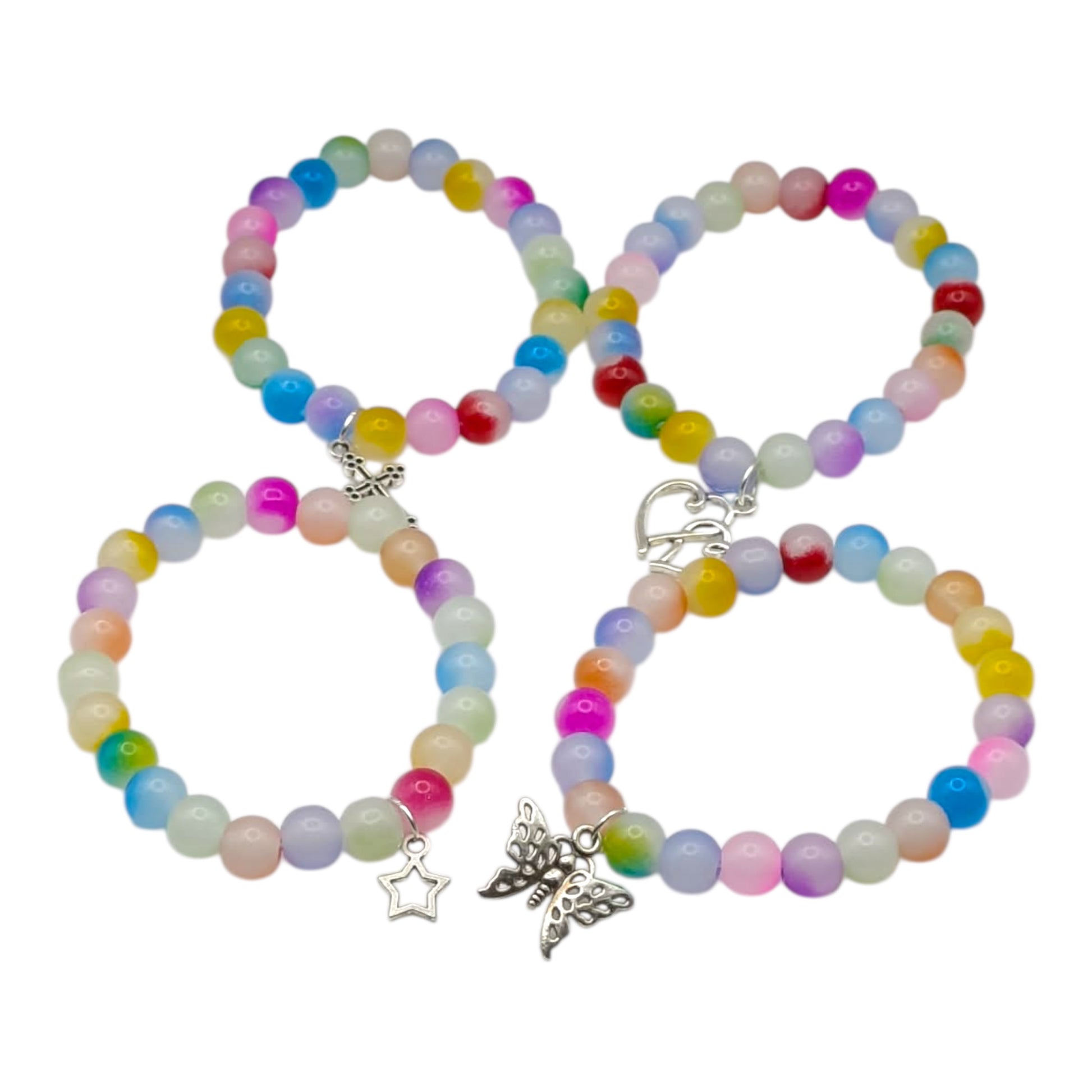 Beaded bracelets featuring colorful glass beads and charms, perfect for a playful and stylish accessory.