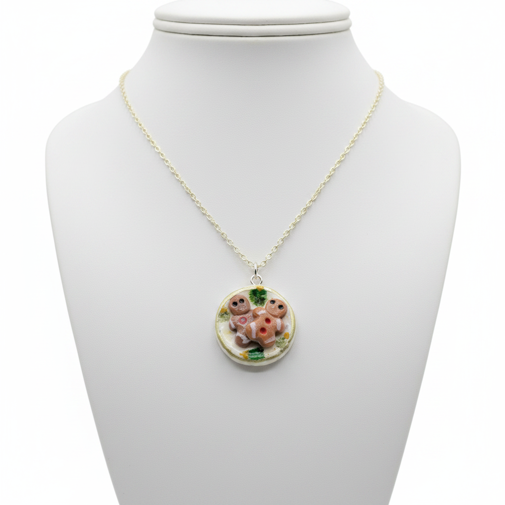 Gingerbread Man Cookie Plate Necklace on silver plated chain with lobster clasp