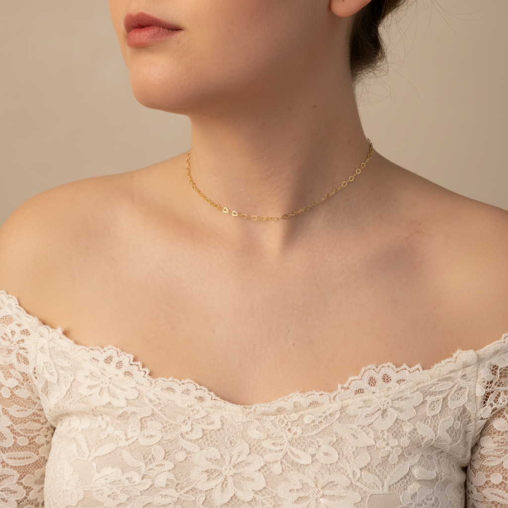 Gold Love Heart Choker Style Chain Necklace, Dainty jewellery for women