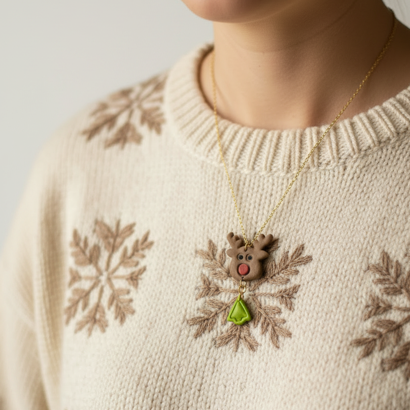 Necklace with a reindeer pendant on a person wearing a sweater with snowflake patterns.