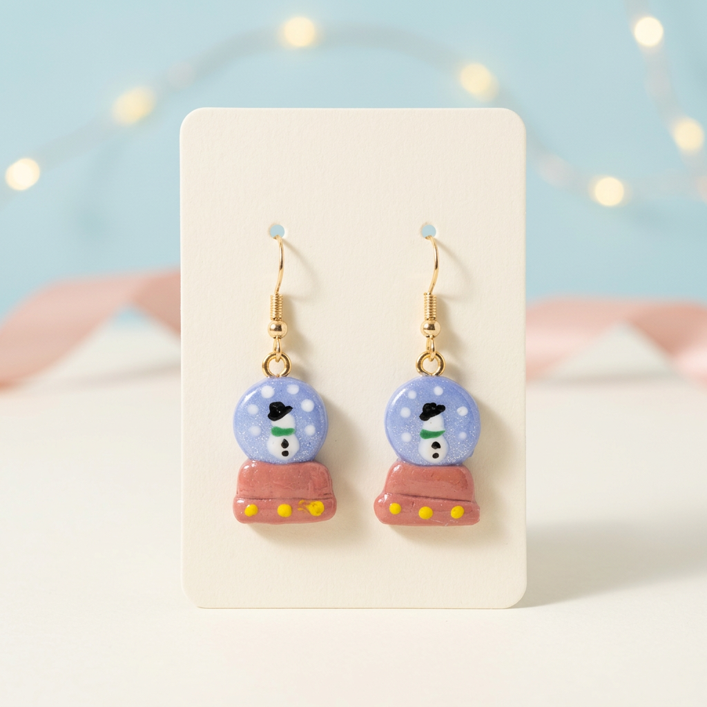 Handmade snow globe earrings hanging on an ivory display card
