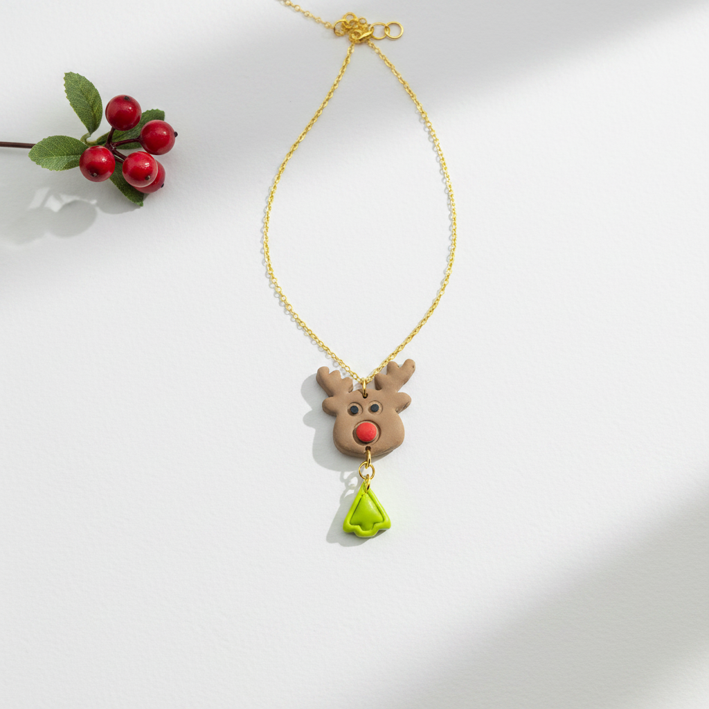 Handmade reindeer necklace polymer clay Christmas jewellery