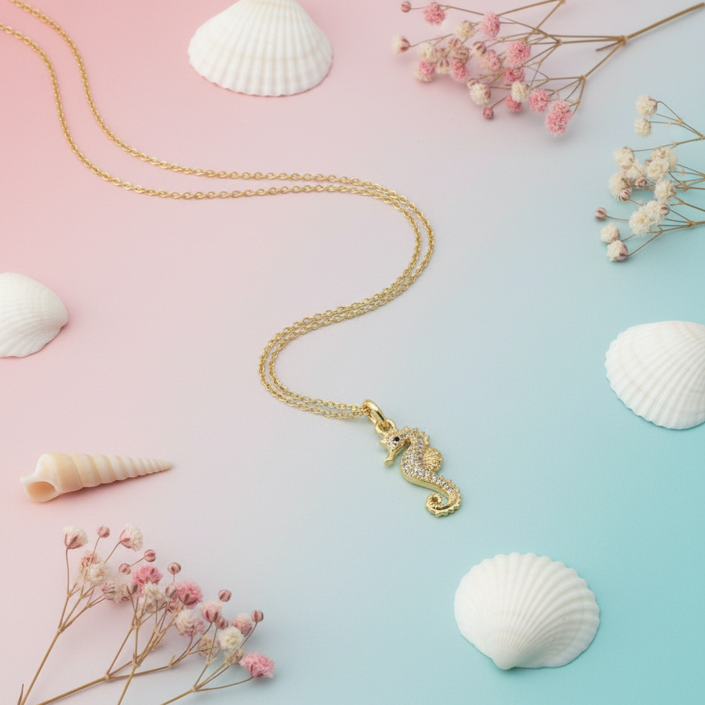 Gold seahorse necklace styled with crystals and flowers, whimsical ocean-themed jewellery flat lay