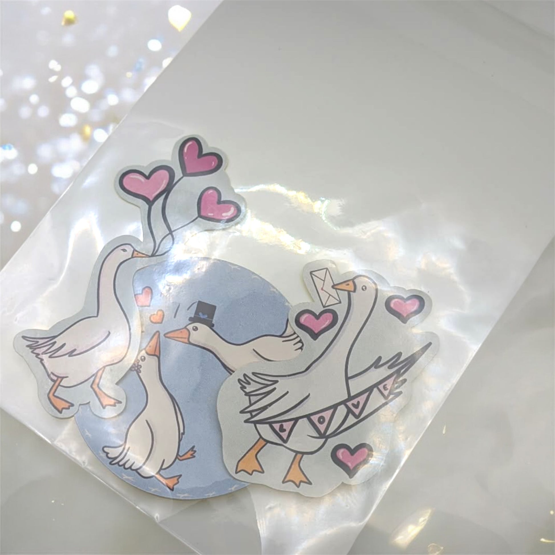 Valentine's goose sticker set packaged in cellophane - ready to gift