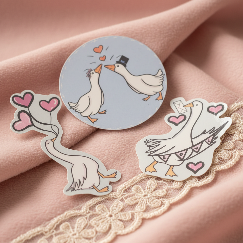 Valentine's Day Goose Stickers - Three die-cut designs featuring kissing geese with hearts, balloons and bunting