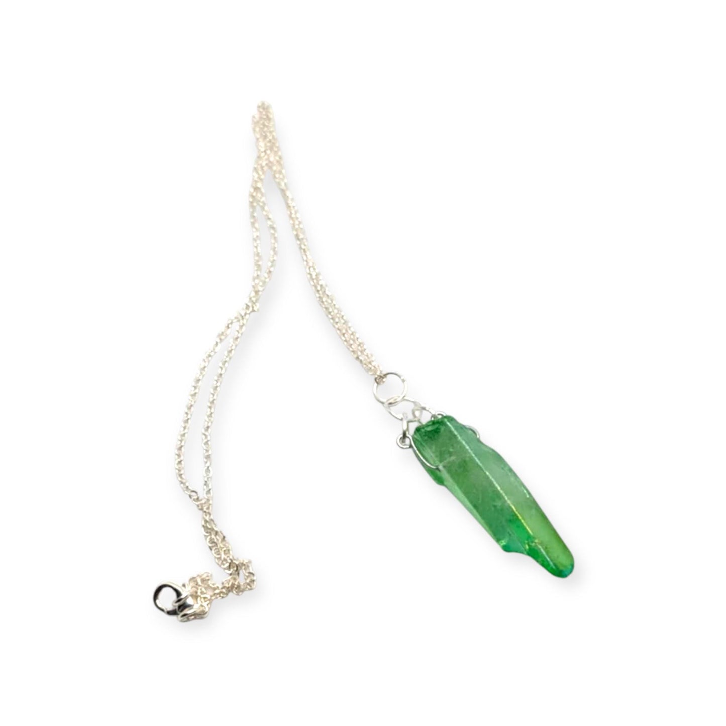 Necklace with a green crystal pendant on a white background