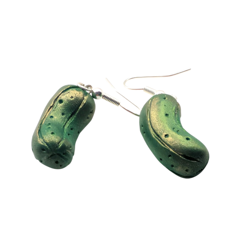 Polymer clay pickle-shaped drop earrings on silver hooks, handmade food jewellery UK