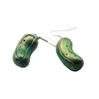 Polymer clay pickle-shaped drop earrings on silver hooks, handmade food jewellery UK