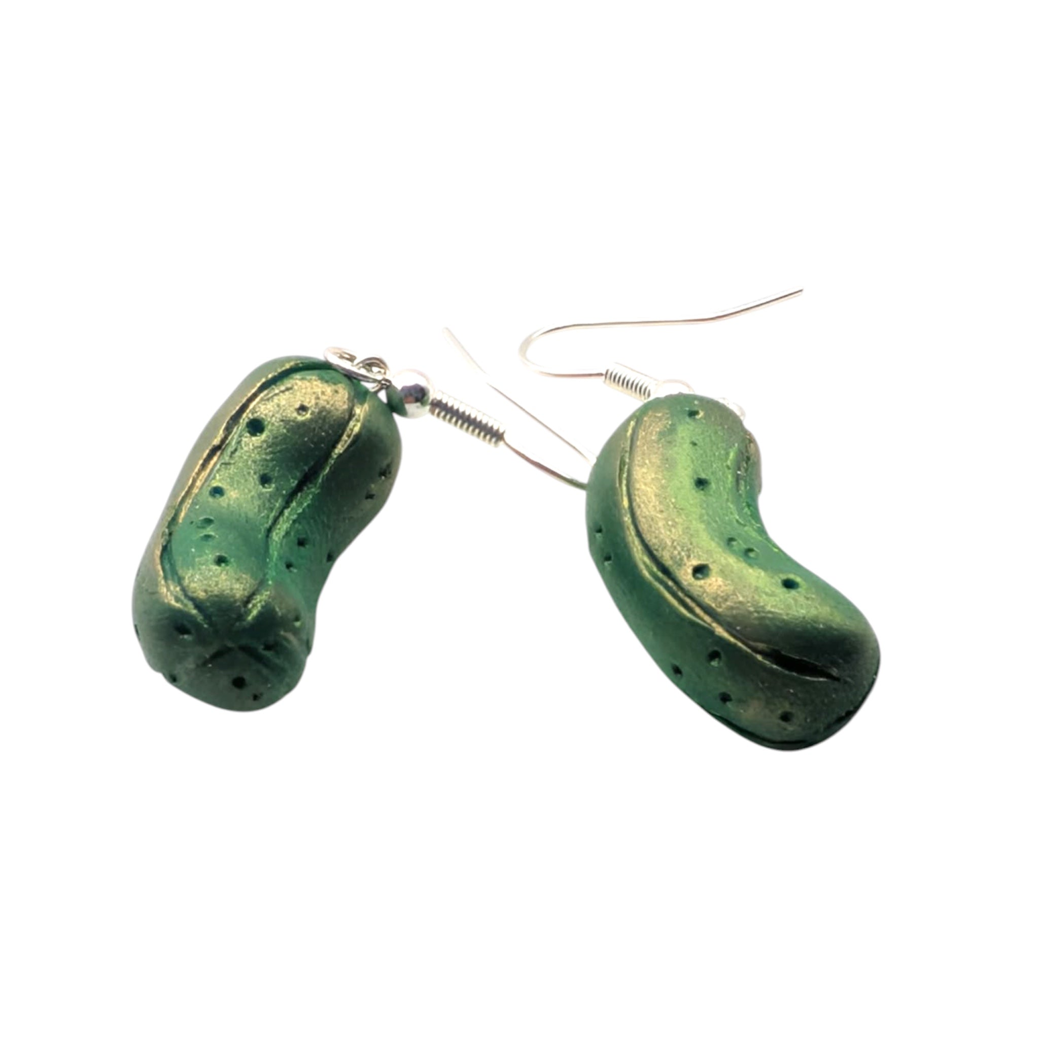 Polymer clay pickle-shaped drop earrings on silver hooks, handmade food jewellery UK