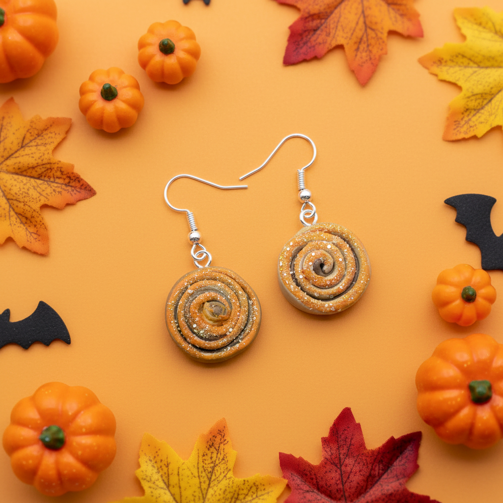 Halloween Cinnamon Roll Earrings Flat Lay