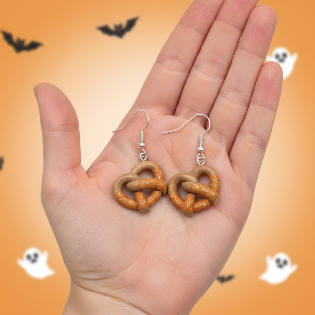 Halloween Pretzel Earrings Fun Hand Shot
