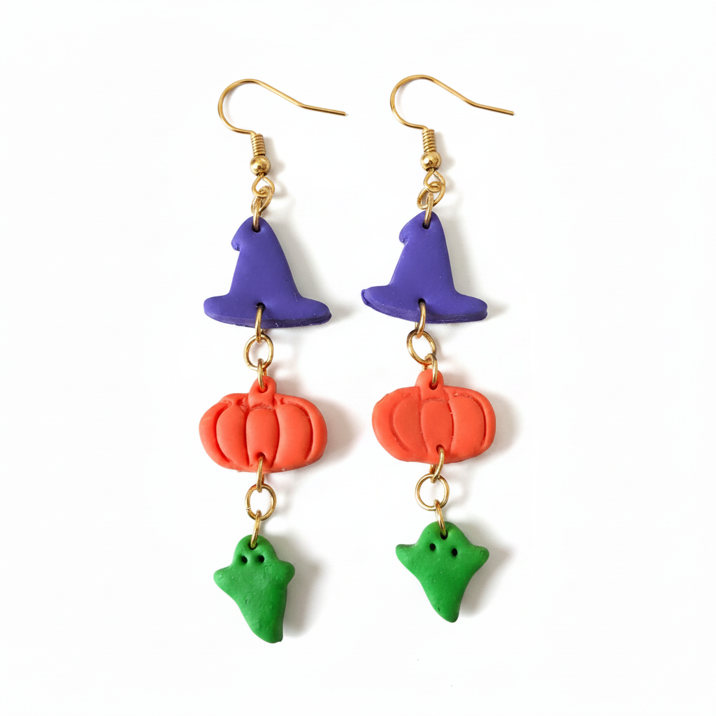 Halloween charm drop earrings with witch hat, pumpkin and ghost charms on gold plated ear wires