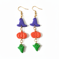 Halloween charm drop earrings with witch hat, pumpkin and ghost charms on gold plated ear wires