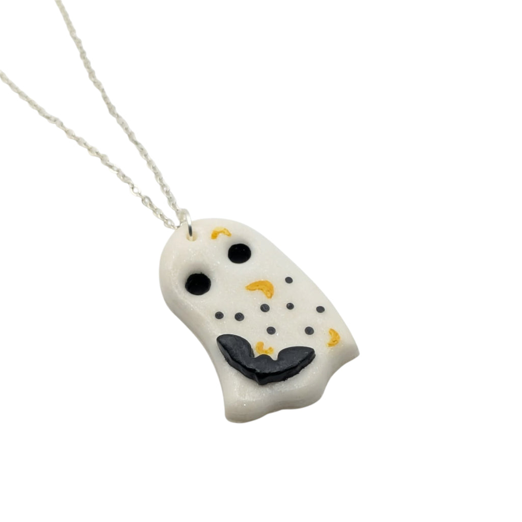 White ghost polymer clay pendant necklace handmade jewellery UK