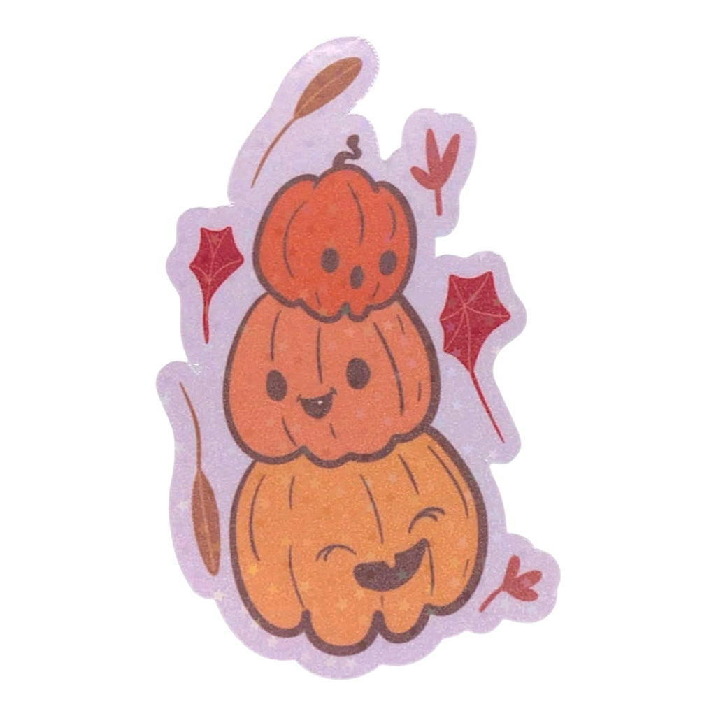 Cartoon-style pumpkin with a smaller pumpkin on top, surrounded by red leaves on a white background