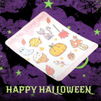 Halloween-themed sticker sheet with cartoon illustrations on a purple background with bats and stars.