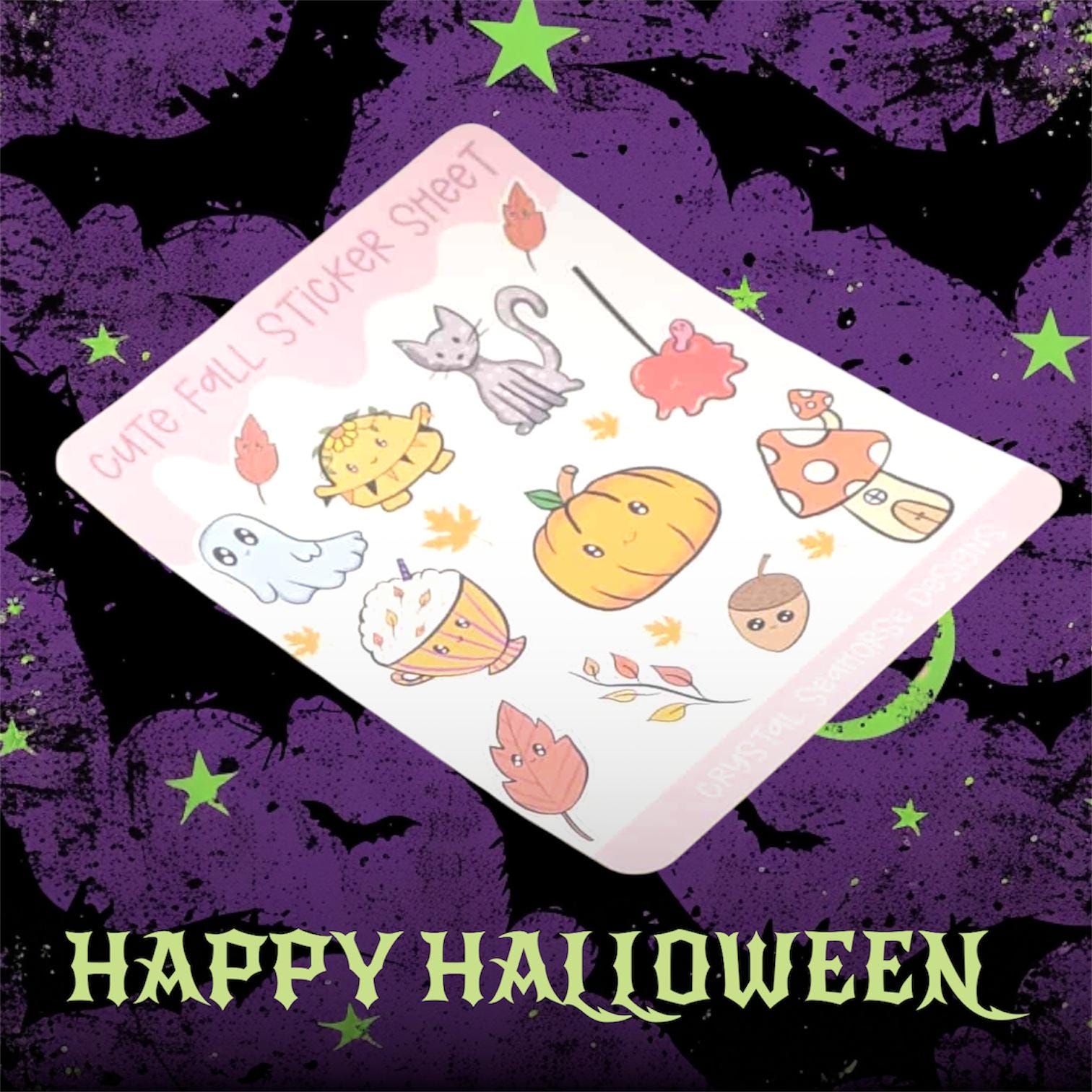 Halloween-themed sticker sheet with cartoon illustrations on a purple background with bats and stars.