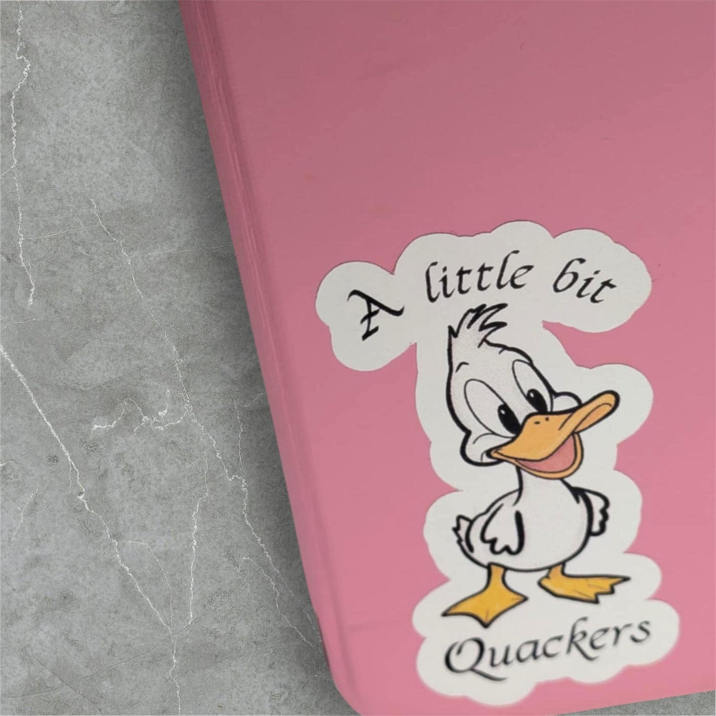 Pink notebook with a cartoon duck sticker and text on a gray surface