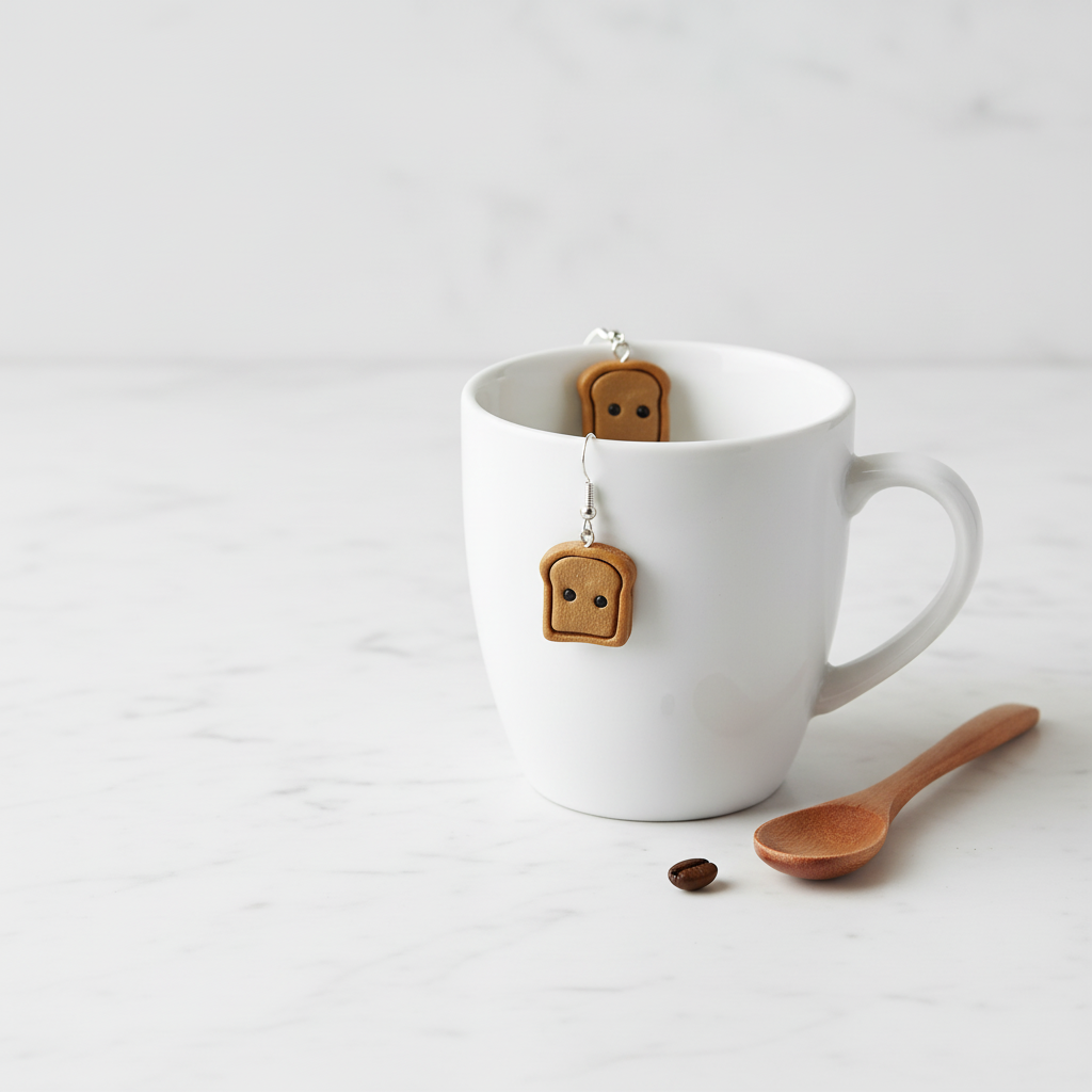 Kawaii toast earrings presented on a mug on white background 