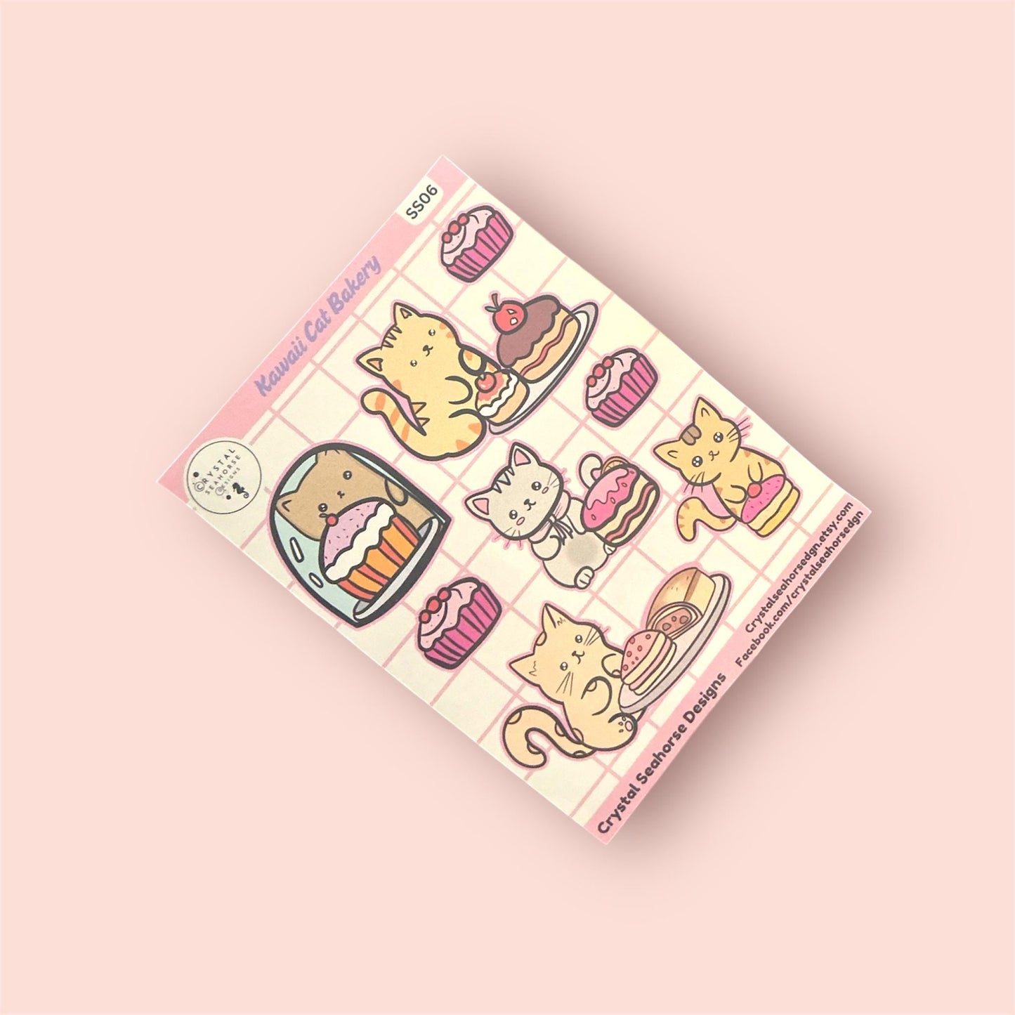 Sticker pack with cute cat and dessert designs on a pink background