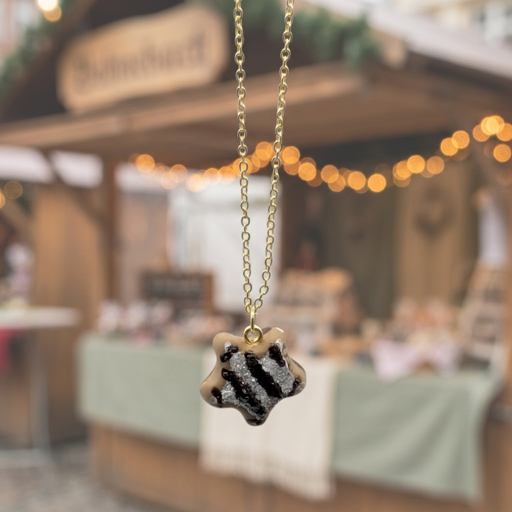 Hanging necklace with soft Christmas market lights, miniature lebkuchen star cookie necklace 