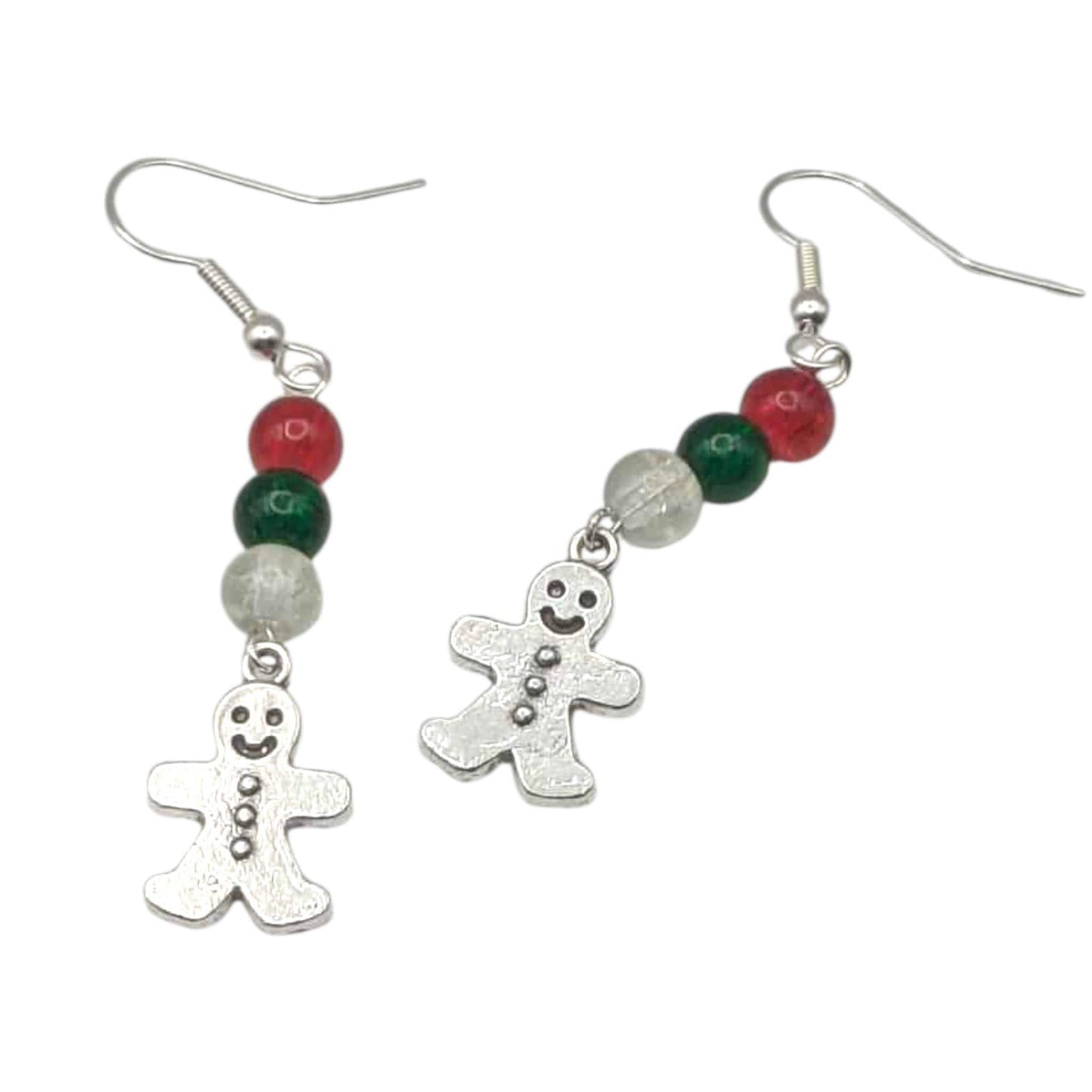 Gingerbread man earrings with red and green beads on a white background