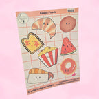 Sheet of kawaii food-themed stickers with cute illustrations on a pink background