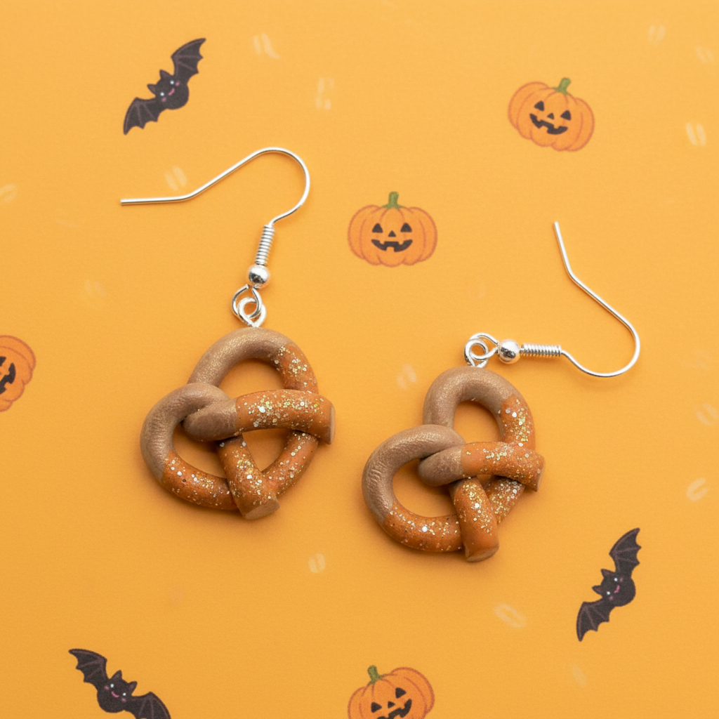 Halloween pretzel earrings flat lay